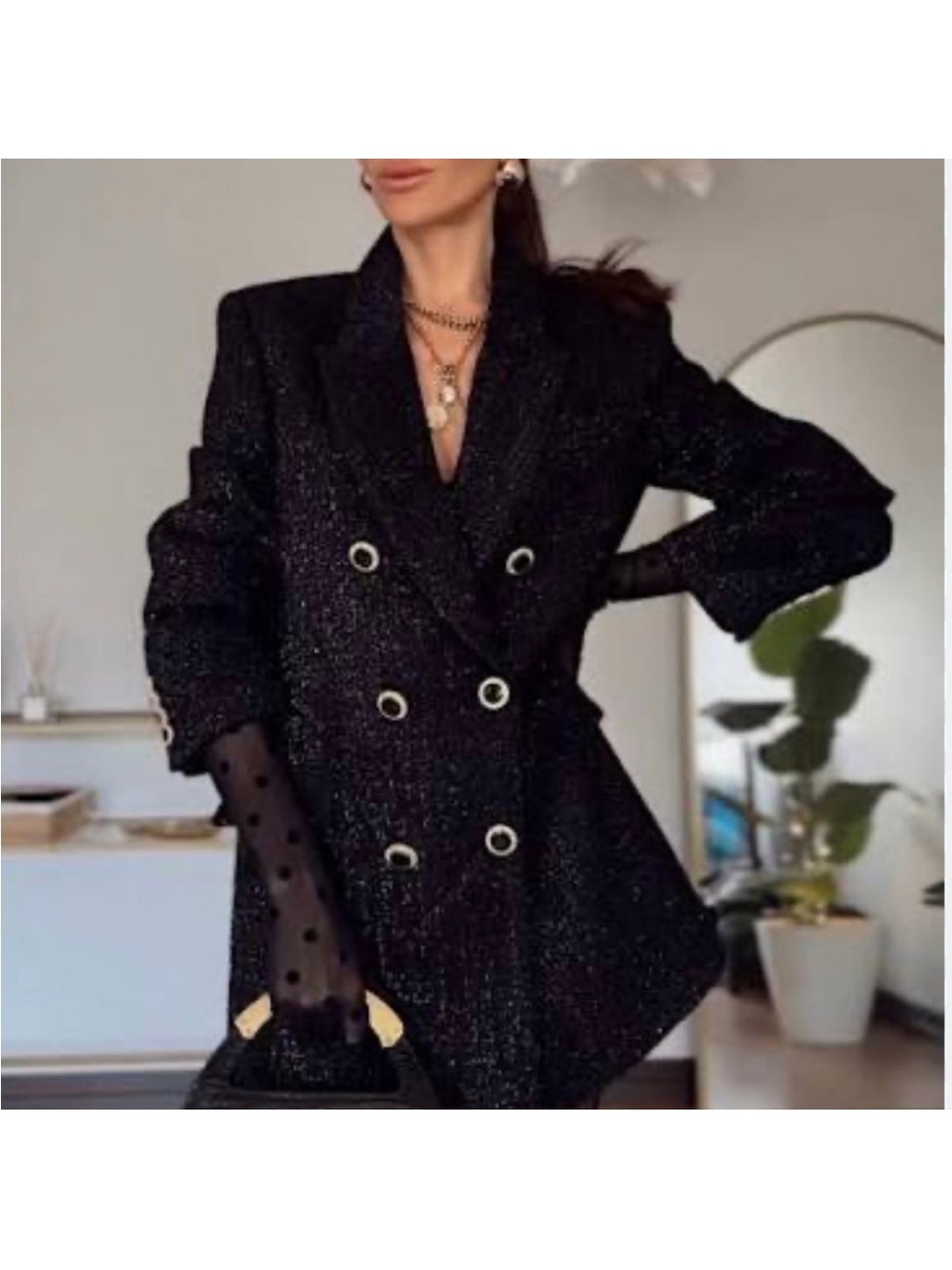 Zara black textured metallic double blazer